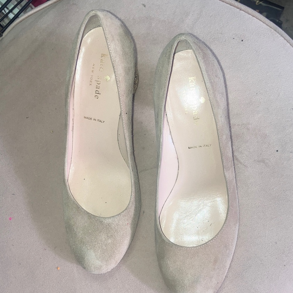 Kate spade 7 1/2 Beige Suede Glitter Block Heel Pumps - Picture 3 of 6